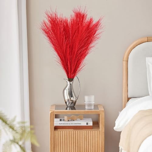 Pampas Grass Tall Fluffy, 5 Pcs Detachable Faux Bulrush Reed Grass Dark Red