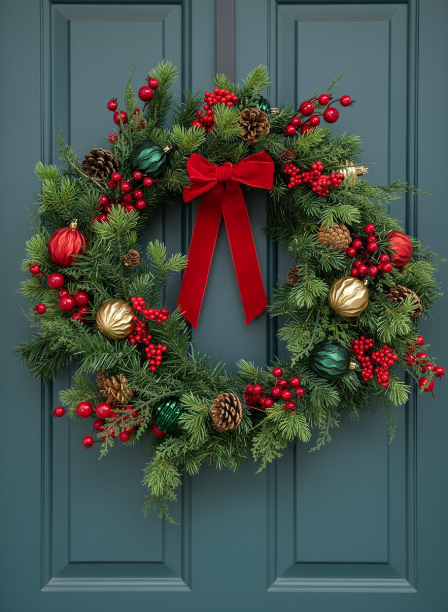 Handmade Christmas Wreath with Red Berries, Pinecones, Shatterproof Ornaments
