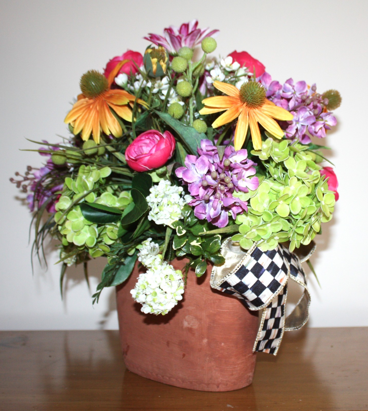 Beautiful Floral Arrangement In Terracotta Planter With Mackenzie Childs Bow!
