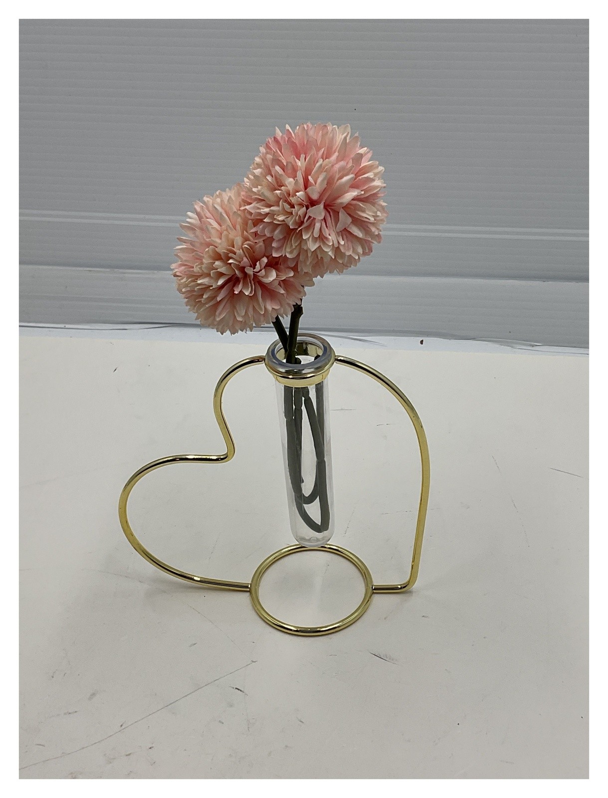 Unbranded Gold Metal Heart Bud Vase Pink Artificial Pom Pom Arrangement 8″