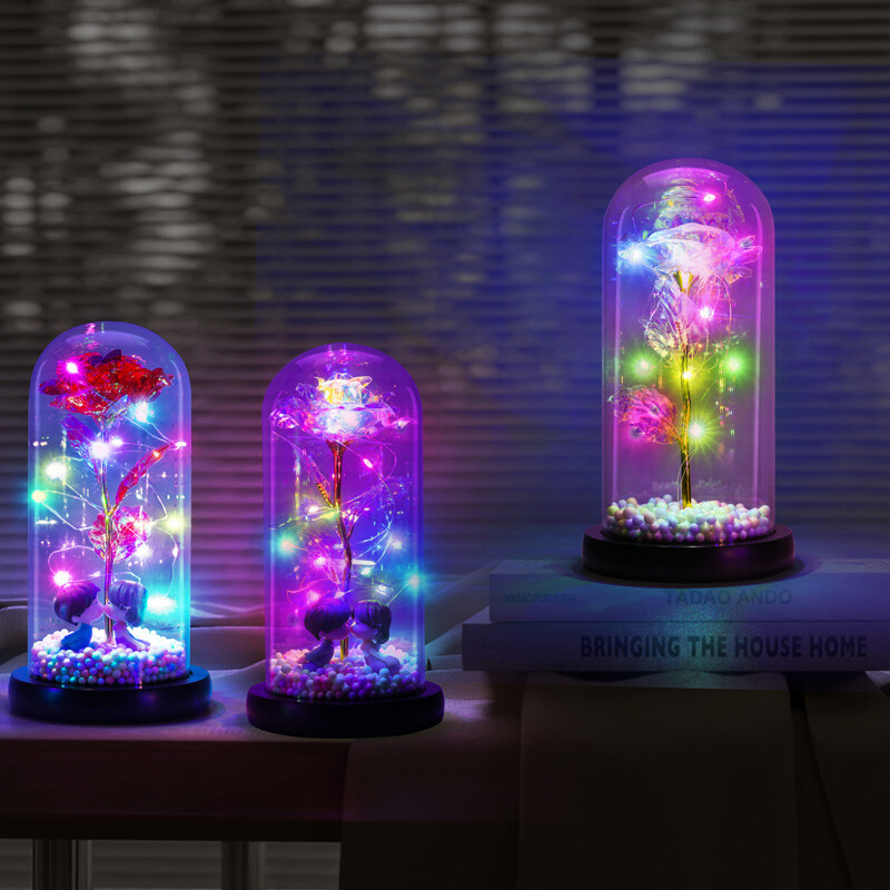 Rose in Glass Dome Preserved Flower Decortions Dome w/ LED Lights Gifts for Her