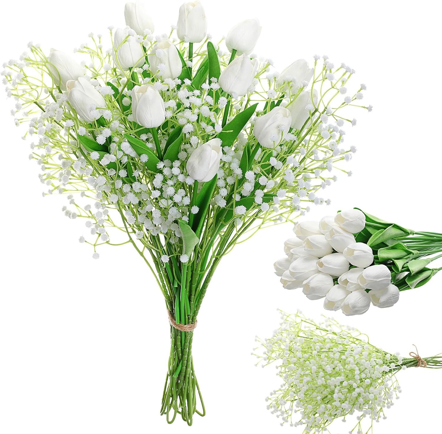 40× White Tulips Artificial Flowers with Baby’s Breath Silk Touch Faux Bouquet