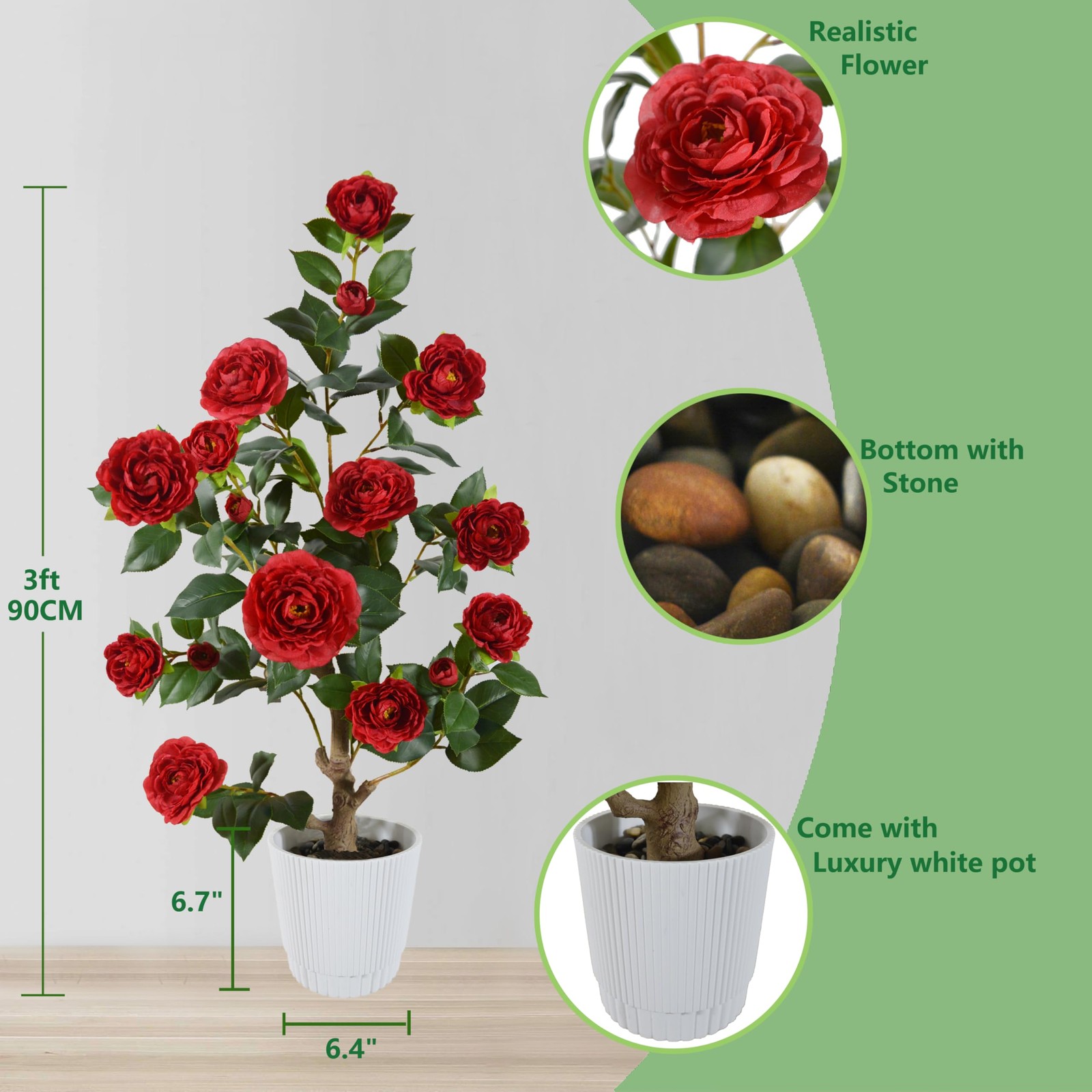 Warmplants Artificial Camellia Tree 3ft, Fake Plant in White Pot, Red