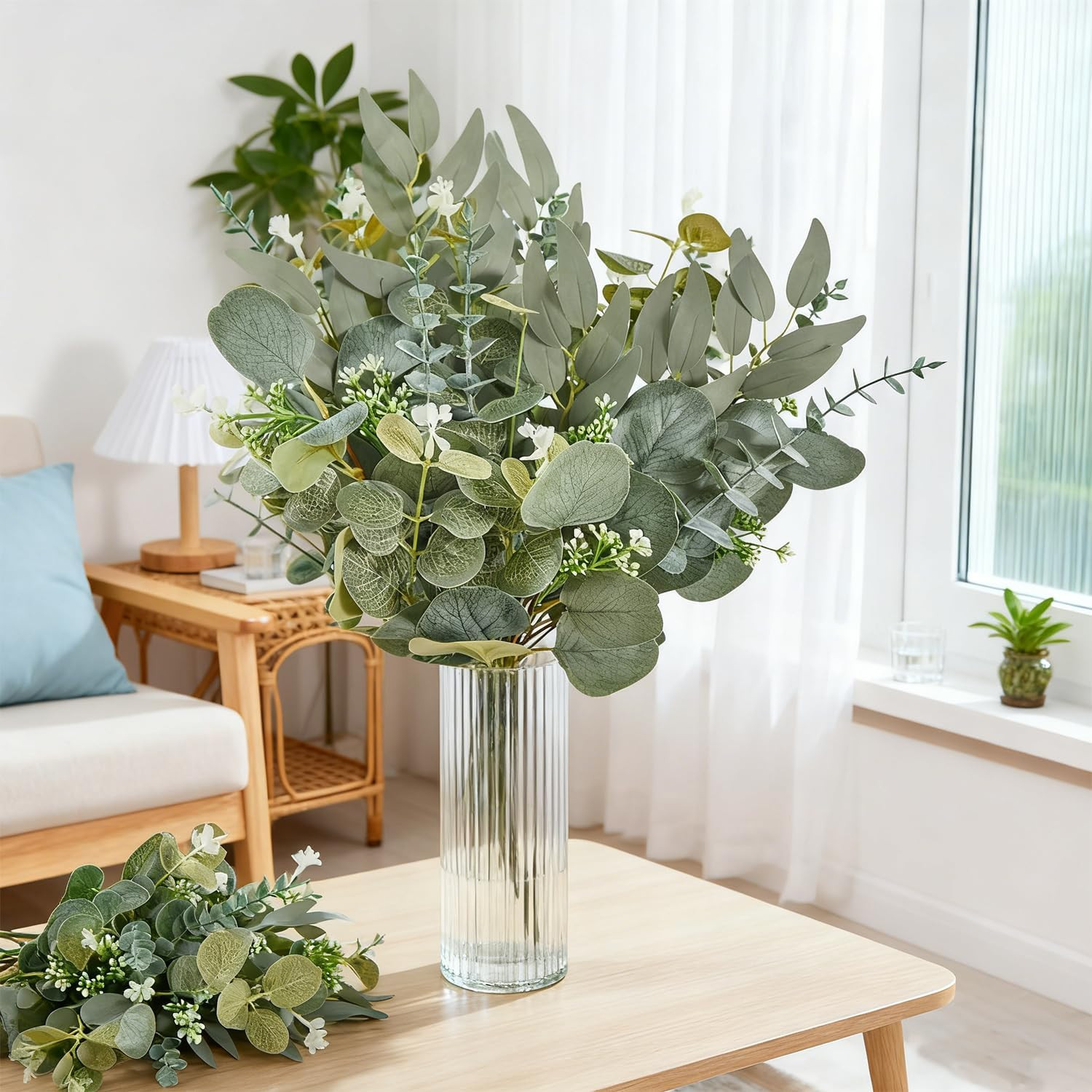 120 Pcs Artificial Eucalyptus Leaves Stems Bulk, Realistic Fake Greenery with 4