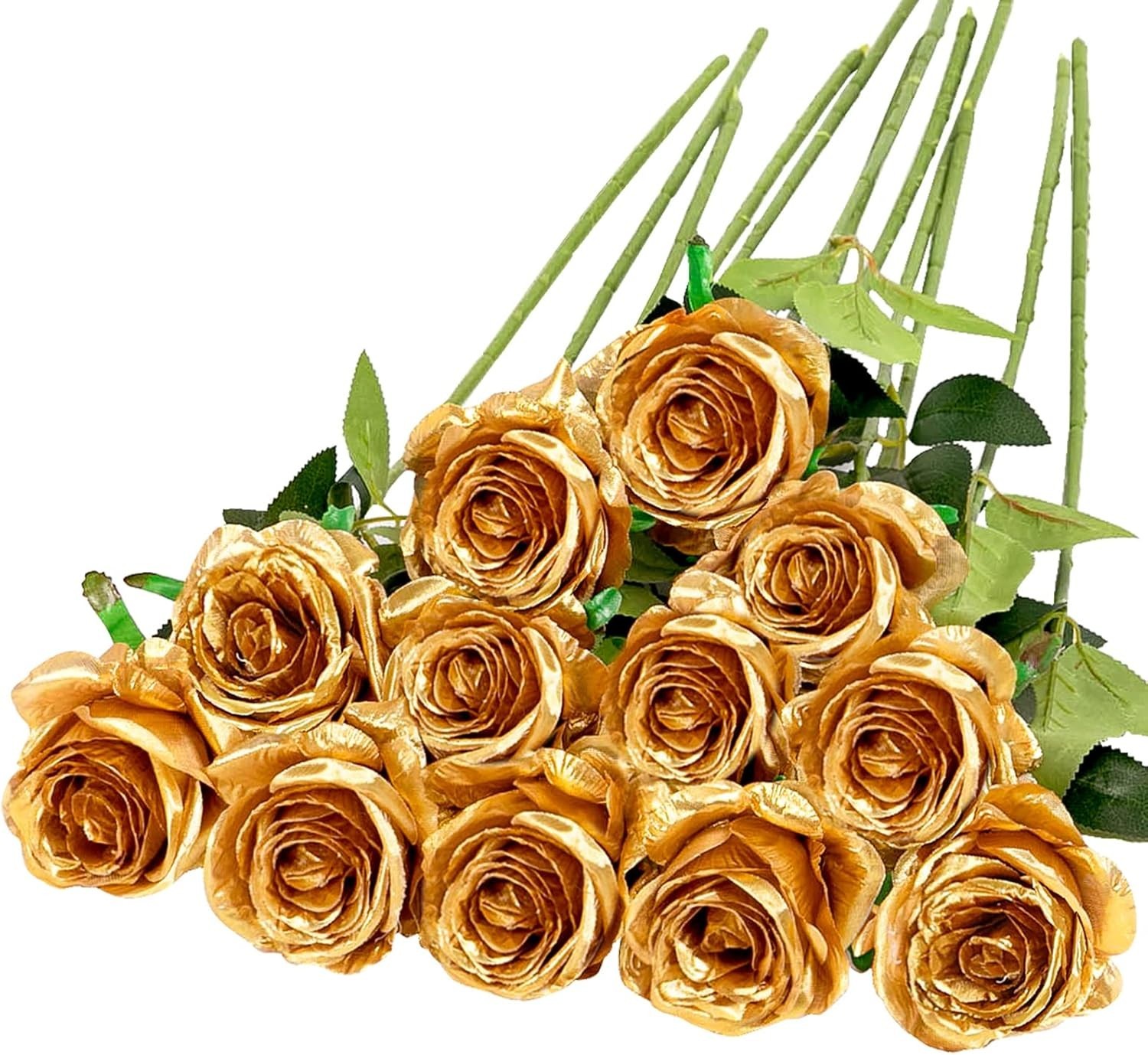 12PCS Long Stem Artificial Roses in Gold – Ideal for Home Decor & Special Events