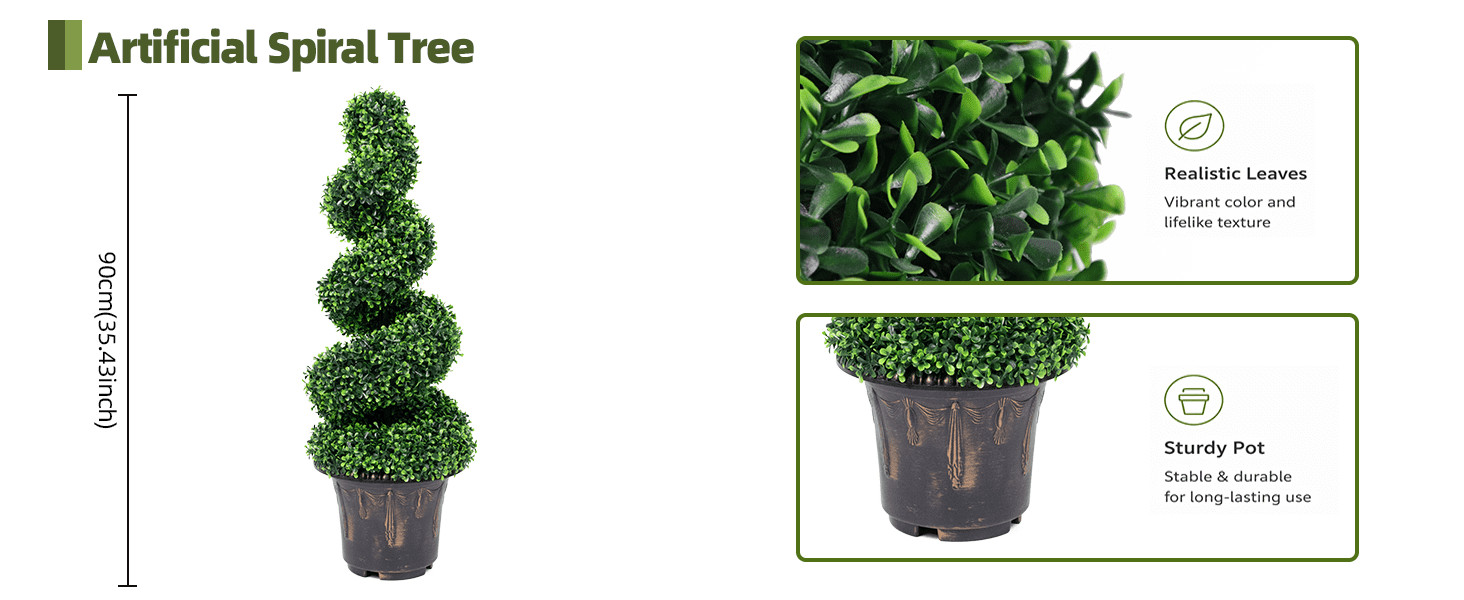 35in Artificial Boxwood Spiral Tree Green Topiary Plant for Indoor/Outdoor Decor