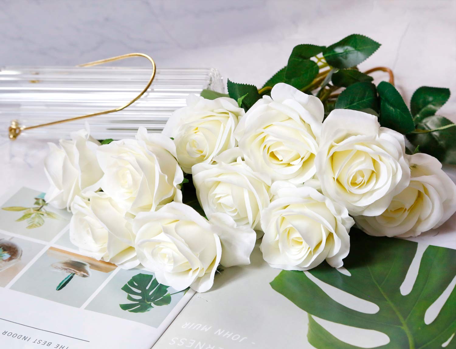 10pcs Fake Roses Artificial Silk Flowers Faux Rose(Ivory White)