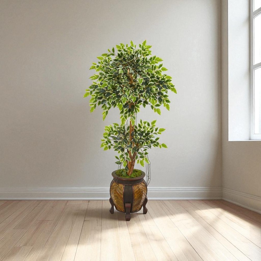 Nearly Natural Artificial Tree 59″H Variegated Ficus Indoor Decorative Vase