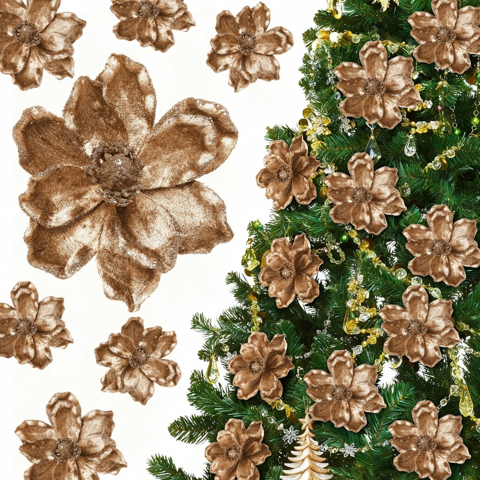 20 PCS Gold Christmas Glitter Poinsettia Magnolia Flowers Tree Wreath Ornament