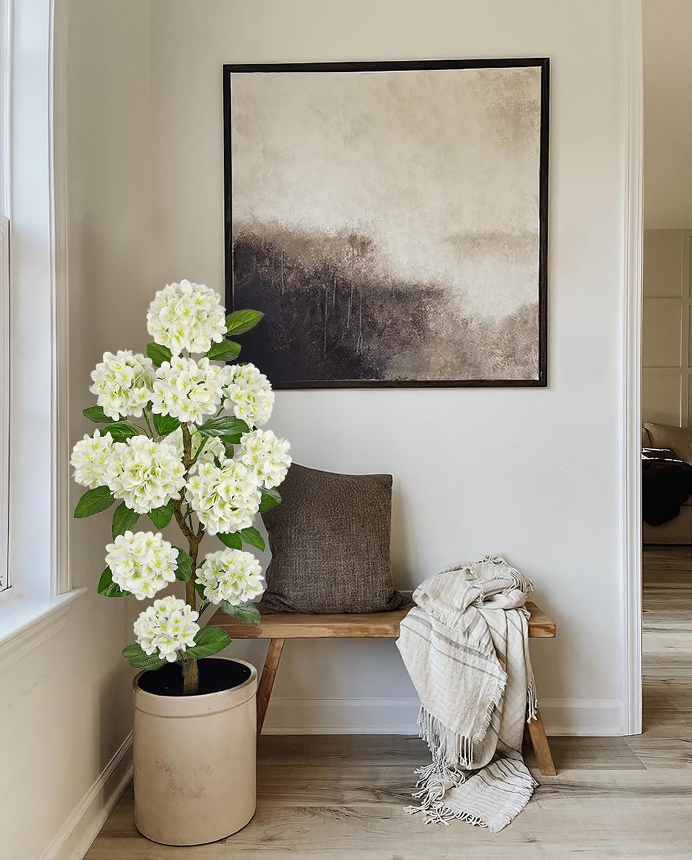 4FT White Hydrangea Artificial Flowers Tree Large Real Touch Faux Silk Hydrangea