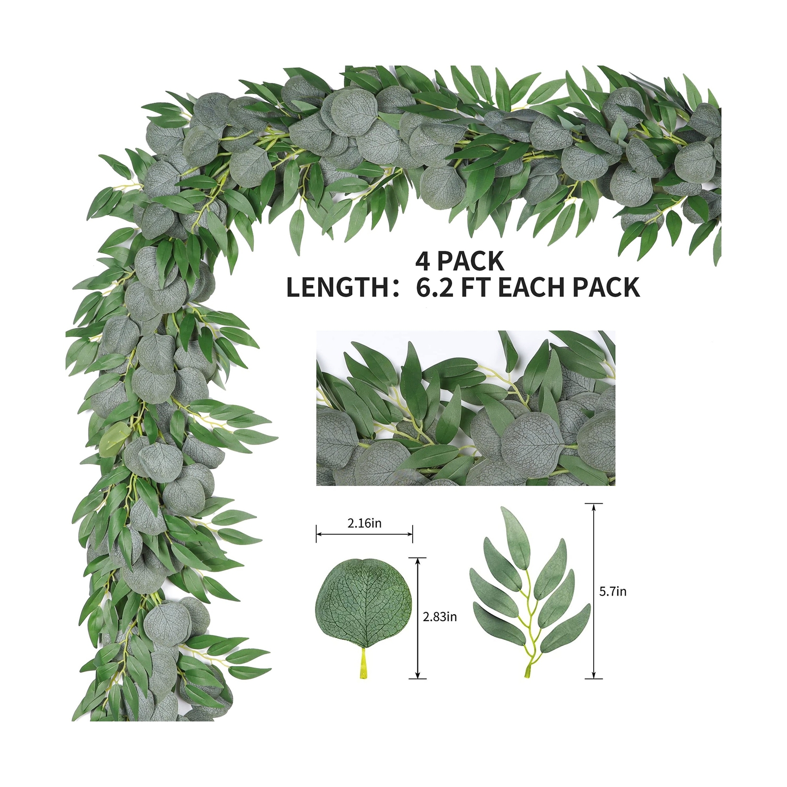 4 Packs 6.5 Feet Artificial Silver Dollar Eucalyptus Leaves Garland with Will…