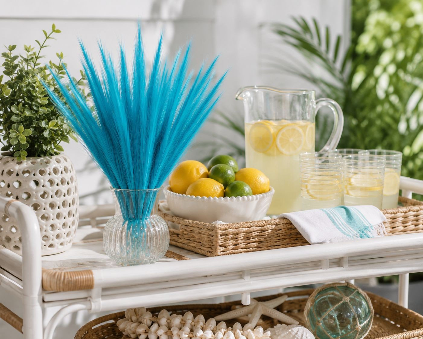 Turquoise Blue Artificial Pampas Grass 16 Inch 13 Stem Bunch, Wispy Coastal Vase