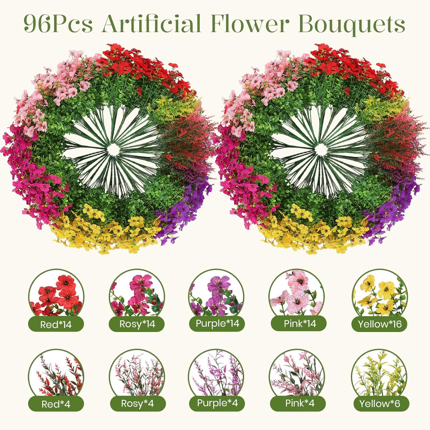 96 Bundles Artificial Flowers for Outdoors Decoration, Faux Plants Fake Silk Col