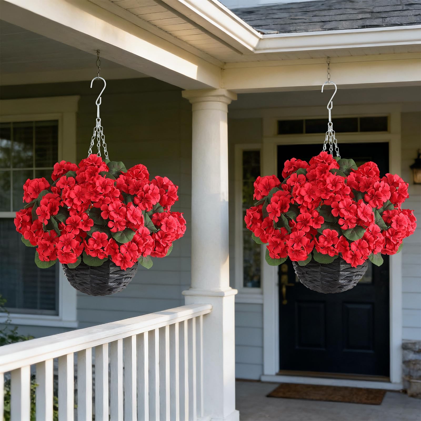 2 Set Artificial Geraniums Flowers with Hanging Baskets for Outdoors – Sun Re…