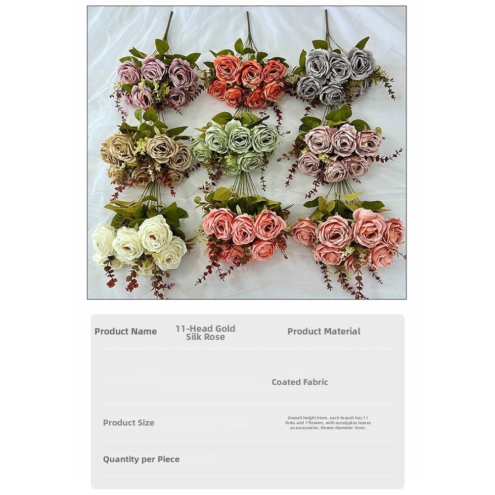 11 Artificial Roses 56cm Tall with Gold Wire Stems for Home and For Wedding
