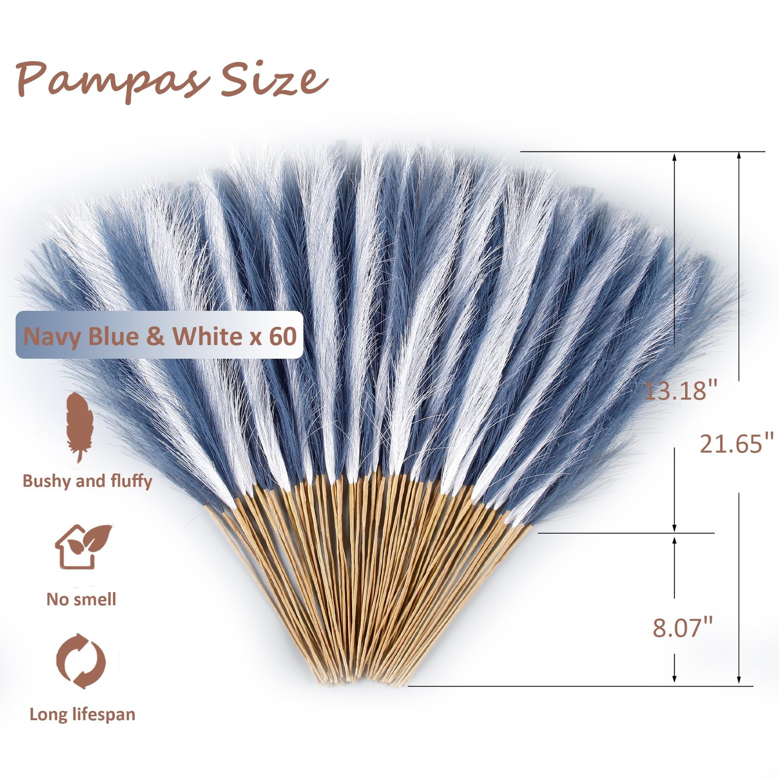 60 Pieces 21.7 Inch Faux Pampas Grass Navy Blue White Artificial Vase Filler