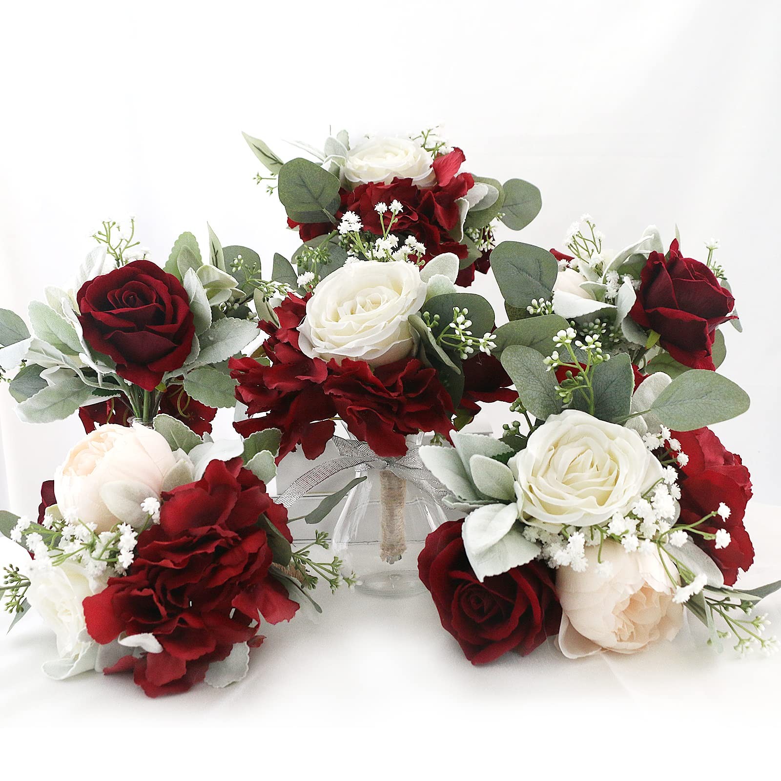 Artificial Flowers Bridesmaids Bouquets Set of 6 – Burgundy and White Bridesm…
