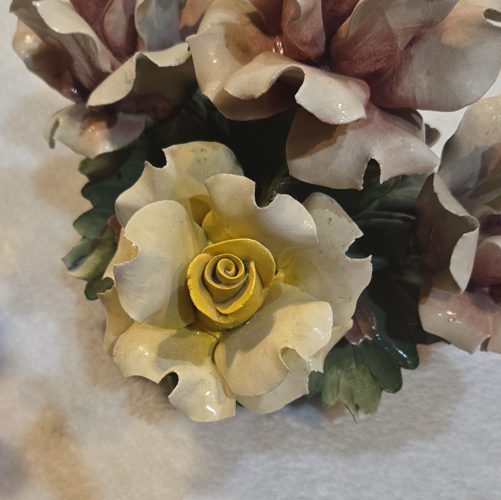Vintage Italian Capodimonte Porcelain Rose Centerpiece Basket Candlestick Holder