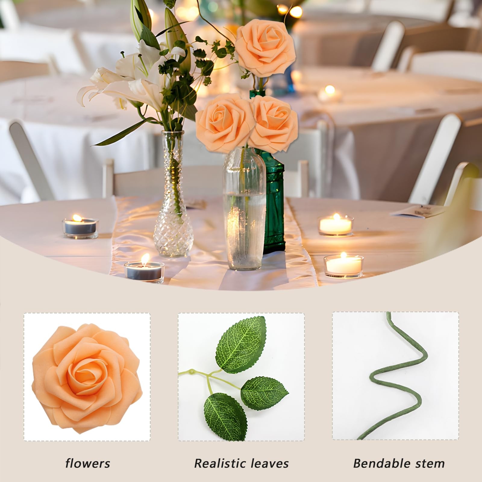 200PCS Orange Realistic Roses – Artificial Latex Foam Flowers with Bendable S…