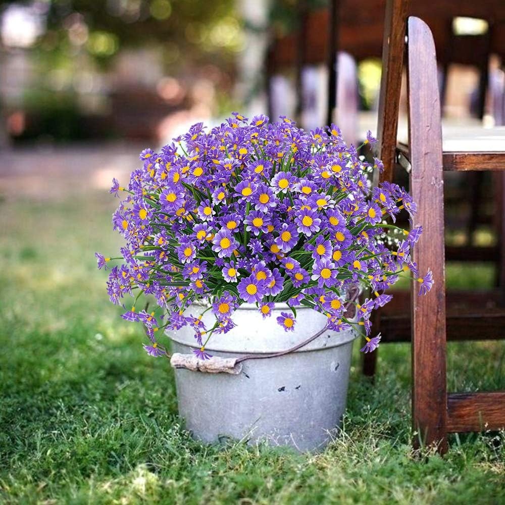 Artificial Daisies Flowers Outdoor UV Resistant 4 Bundles Fake Foliage Purple