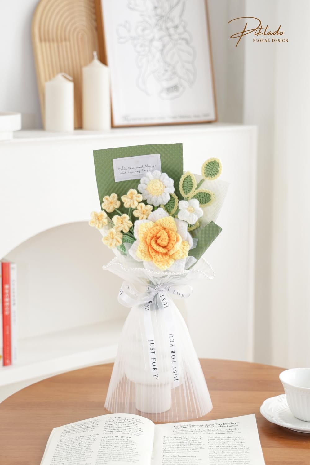 Hand-Woven Crochet Flower Bouquet (1 Piece, Yellow), Handmade Knitted Artific…