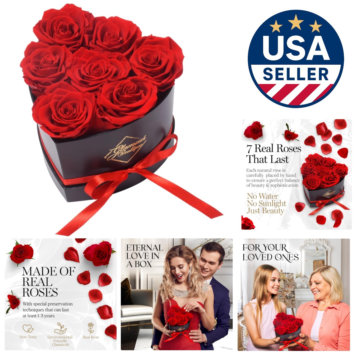 Forever Roses Gift: 7 Elegant Red Roses in Heart Box – No Maintenance Required
