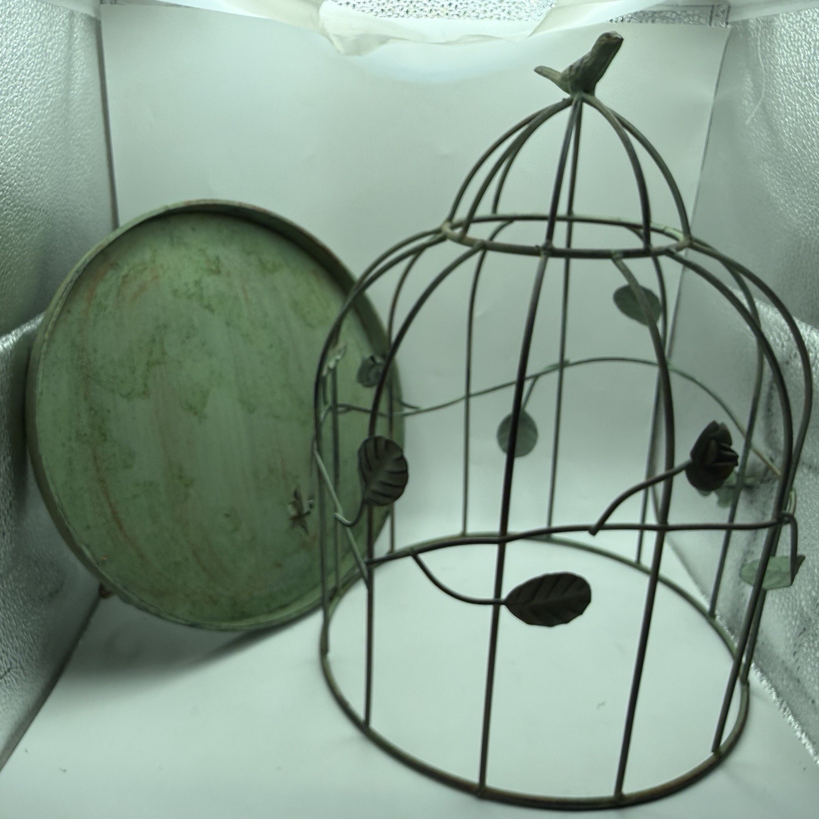 Deco bird cage Green Patina Metal Cottage core Plant Flower 2 Pieces Roses Vtg