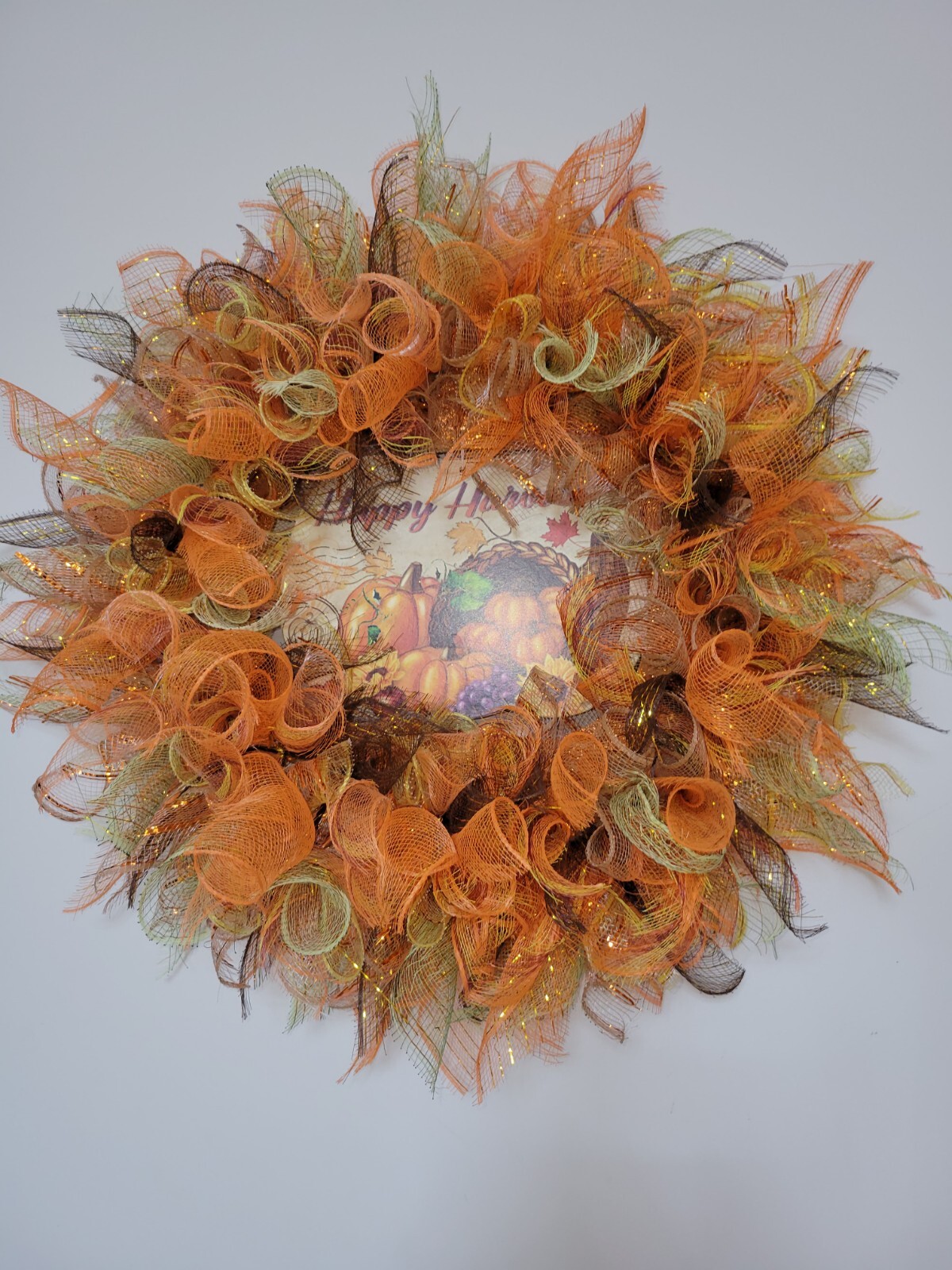 HAPPY HARVEST autumn Spring Mesh Front Door Wreath Wall Decor Bright colors