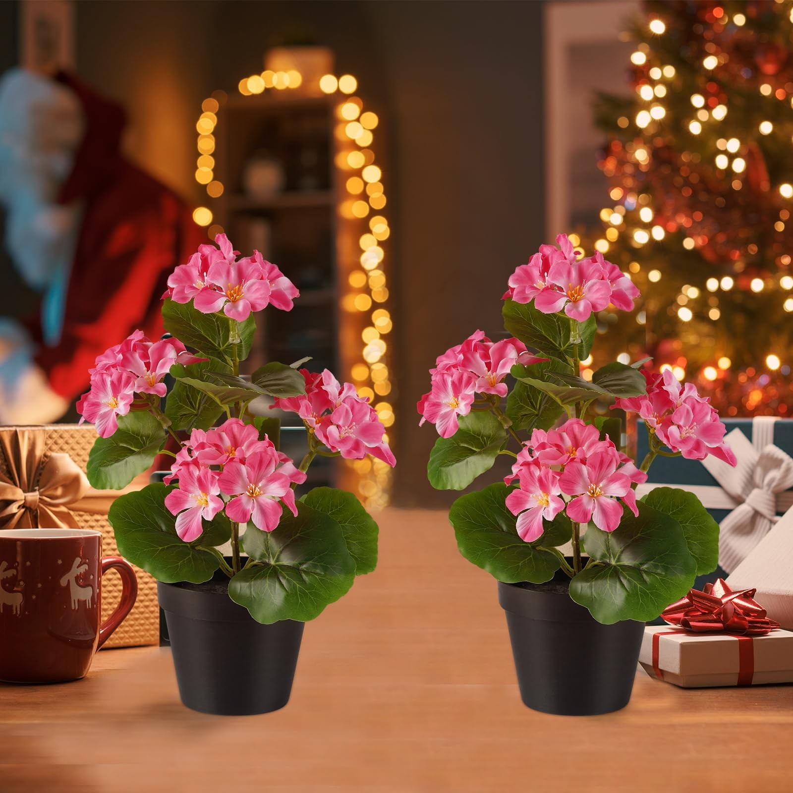 2 Pack Artificial Geranium Flowers in Pot Small 13 Inch Fake Plants Spring Su…