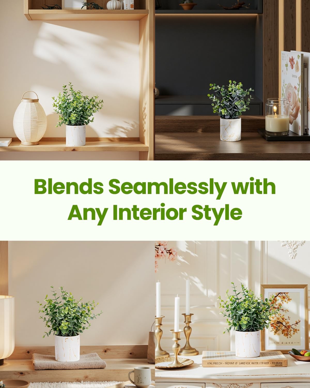 2 Artificial Eucalyptus Plants in White Ceramic Pots Faux Greenery Desk Decor
