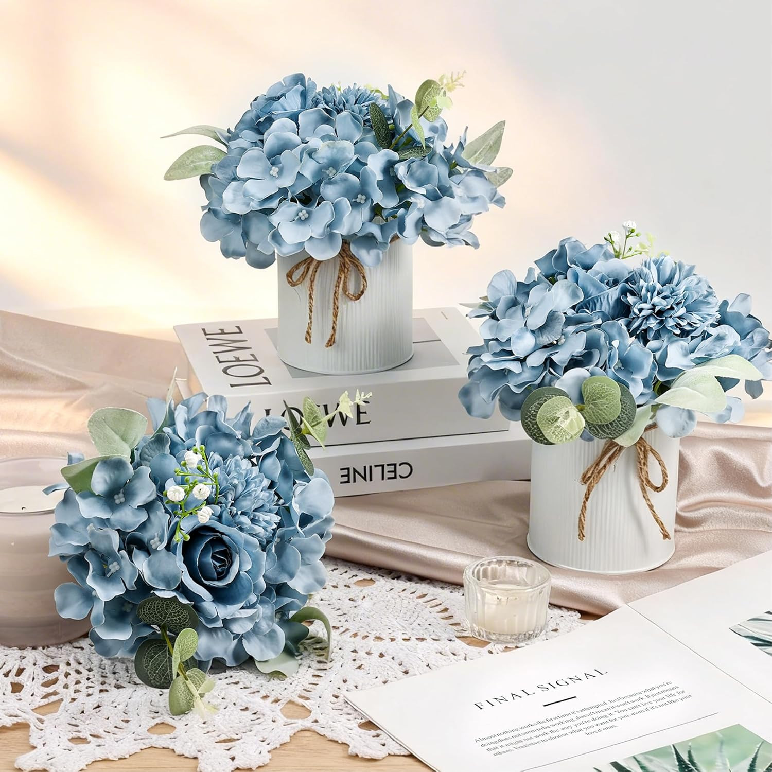 Dusty Blue Hydrangea Centerpieces – 10PCS Silk Flowers with Vase for Events