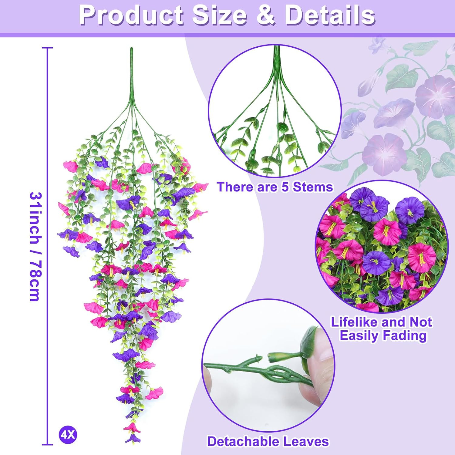 4PCS UV Resistant Faux Hanging Petunias & Eucalyptus for Outdoor Decor