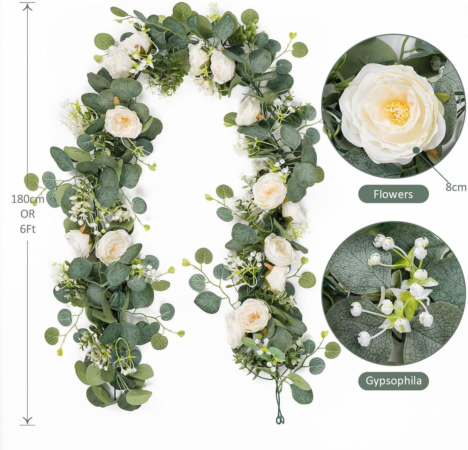 2 Pack 13Ft Artificial Eucalyptus Flower Garland with White Roses, Fake Rose Flo