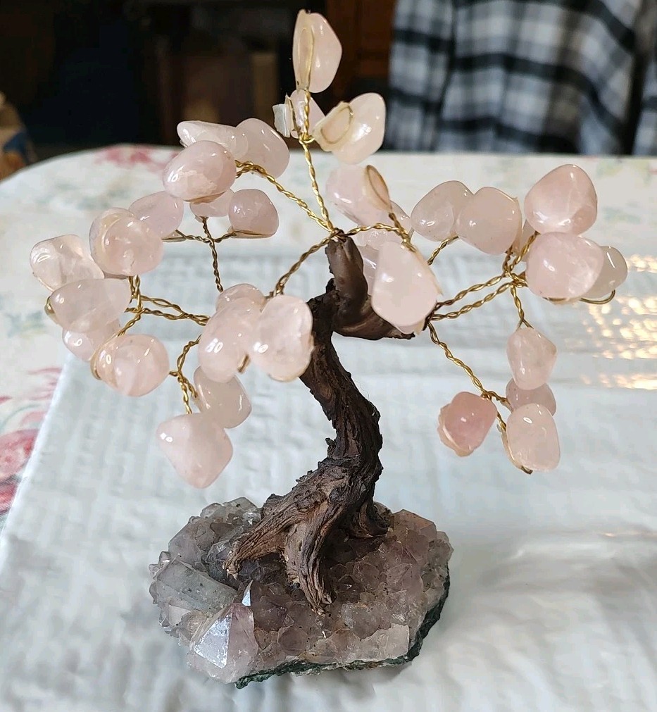 2 Vintage Glass Bonsai Tree Pink Cherry Blossom Artificial Plant Oriental