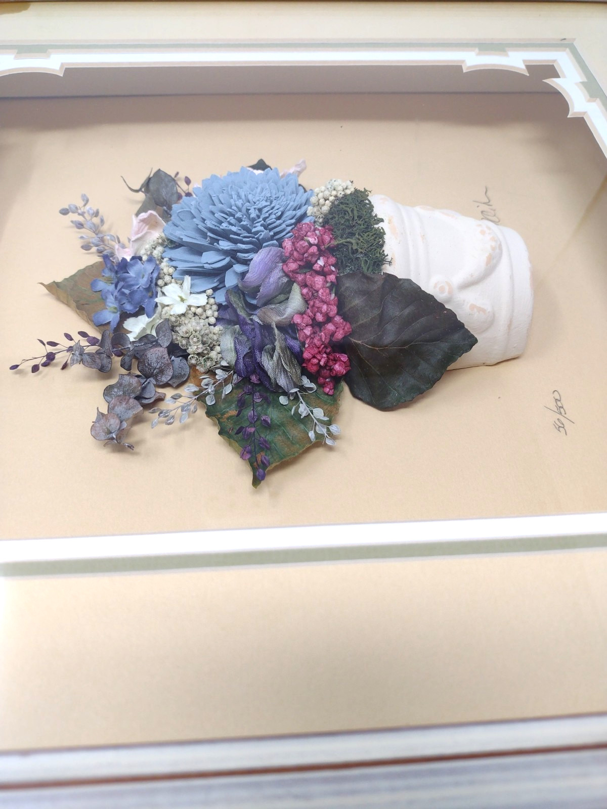 Vintage Handmade 3D Shadow Box Blue Flowers White Box Frame 56/500 Signed
