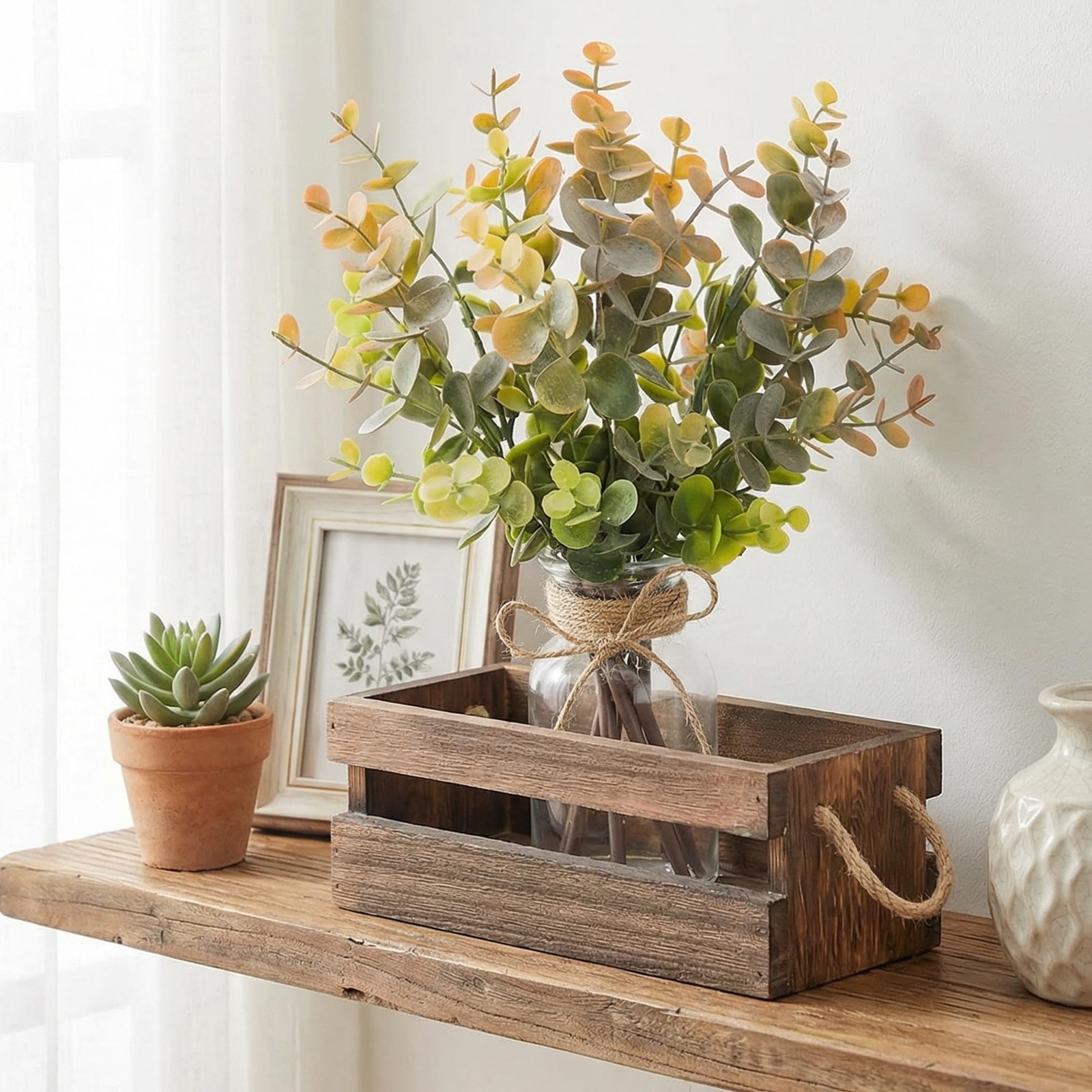Artificial Eucalyptus Stems in Glass Vase with Faux Water,Combined with Wood …