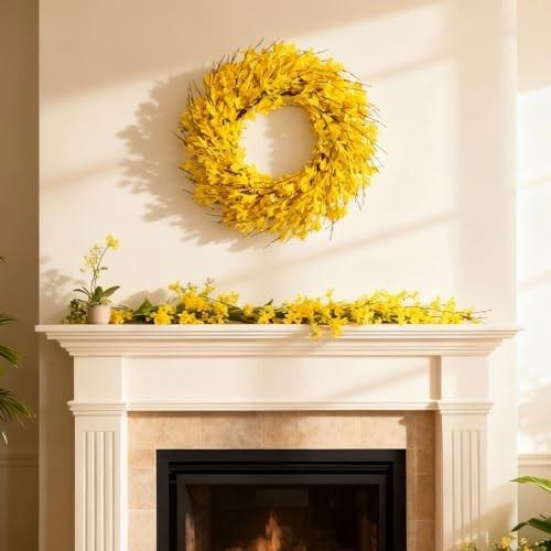 22″ Artificial Forsythia Flower Wreath – Spring Summer Fall Decor for Door, Porc