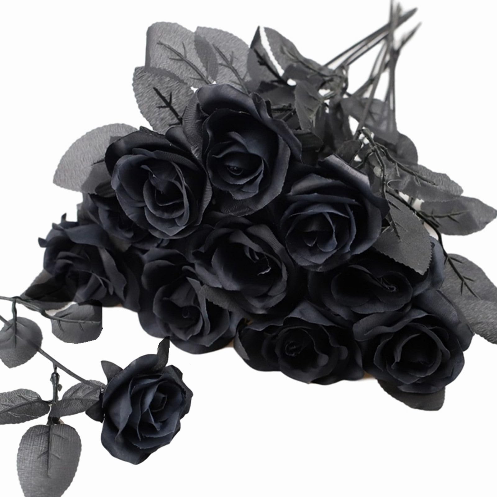 10pcs Black Faux Silk Roses for Bridal Bouquets, Wedding, Halloween & Home Decor