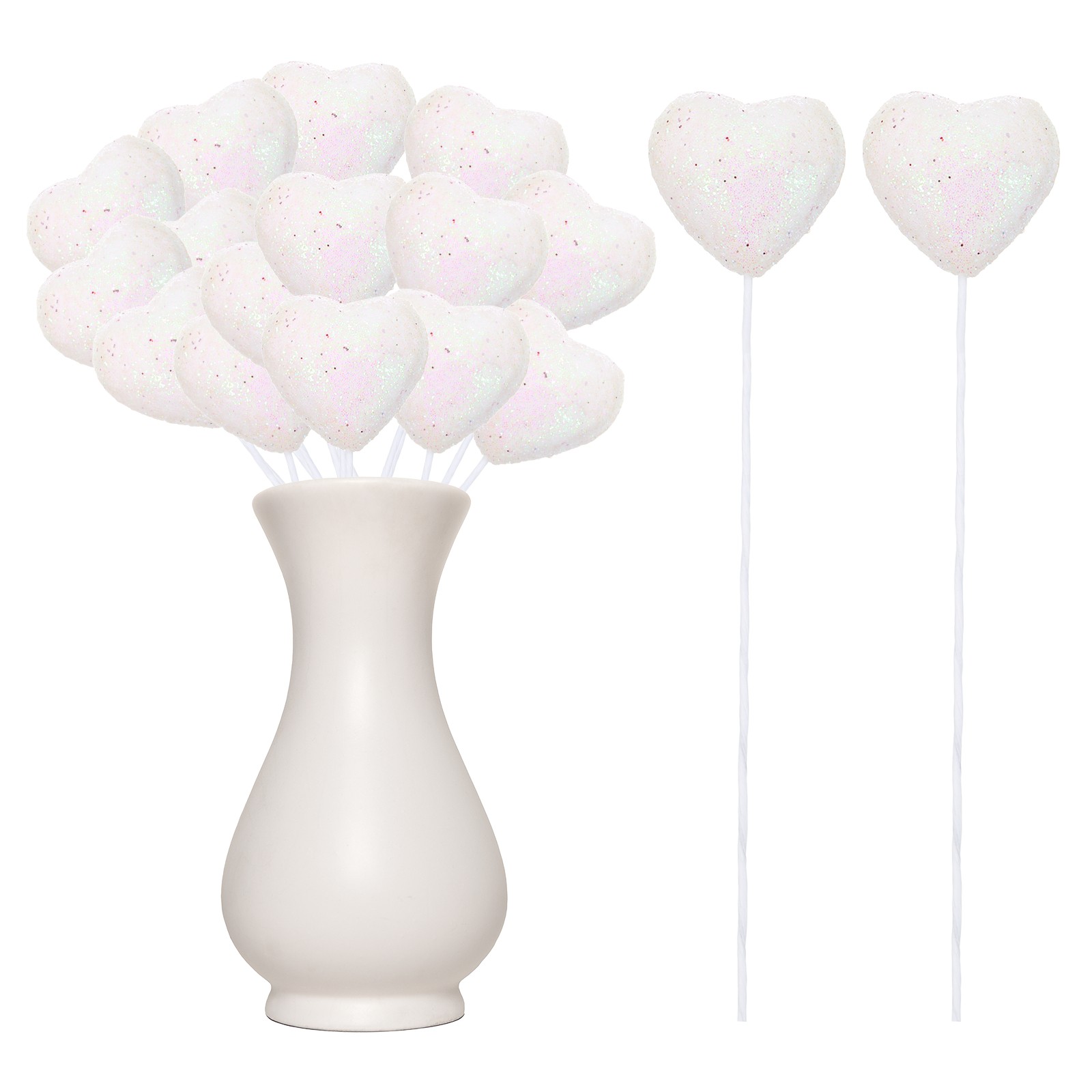 24 Pcs Glitter Heart Shaped Picks Puffy Foam Hearts Stick (White, 4cm x 22cm)