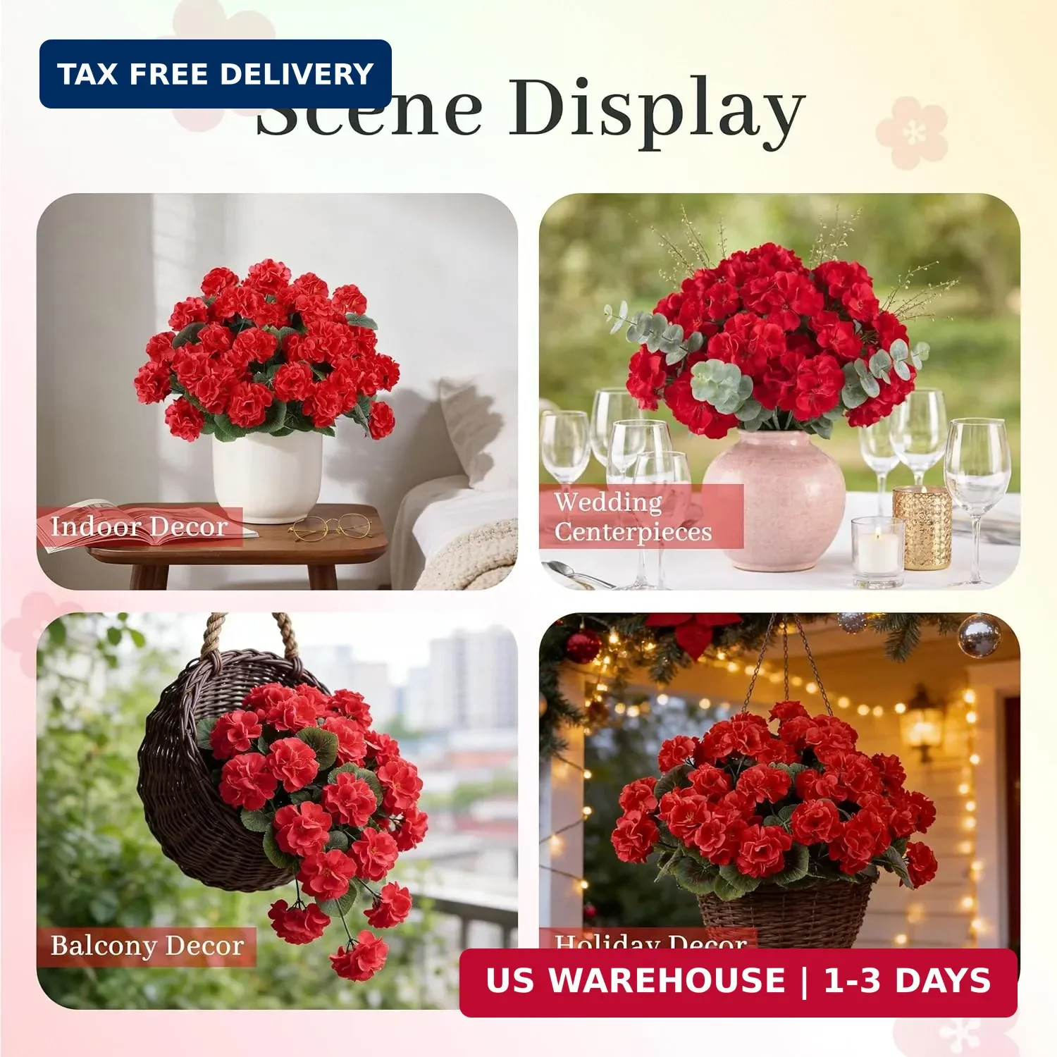 6 Pack Red Artificial Geraniums Outdoor UV Resistant Faux Flowers Window Box Pat