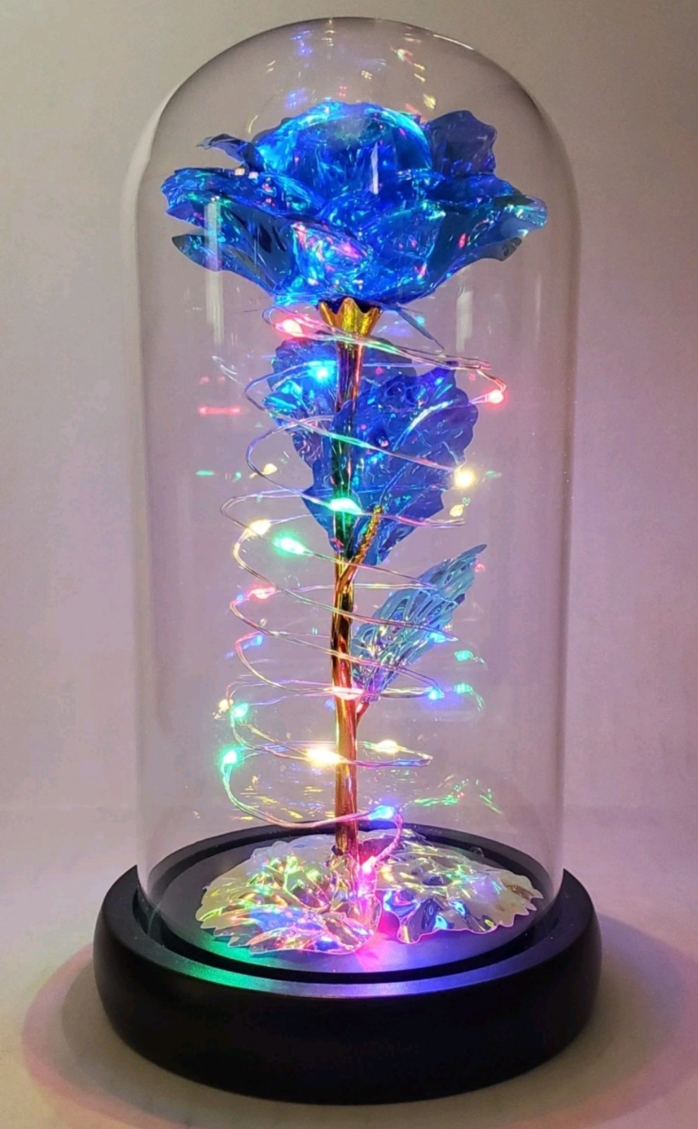 Blue Iridescent Forever Rose In Glass Dome with LED Light in original box.