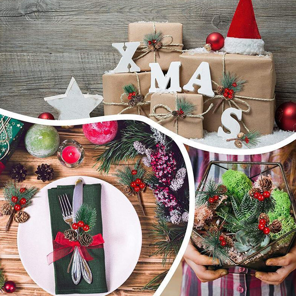10pcs Red Christmas Berry Artificial Flower Pine Cone Branch Party Xmas Supplies