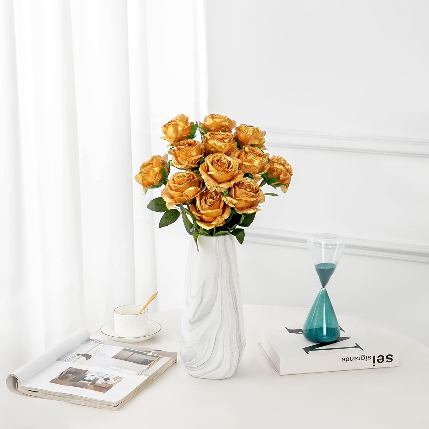 12PCS Long Stem Artificial Roses in Gold – Ideal for Home Decor & Special Events