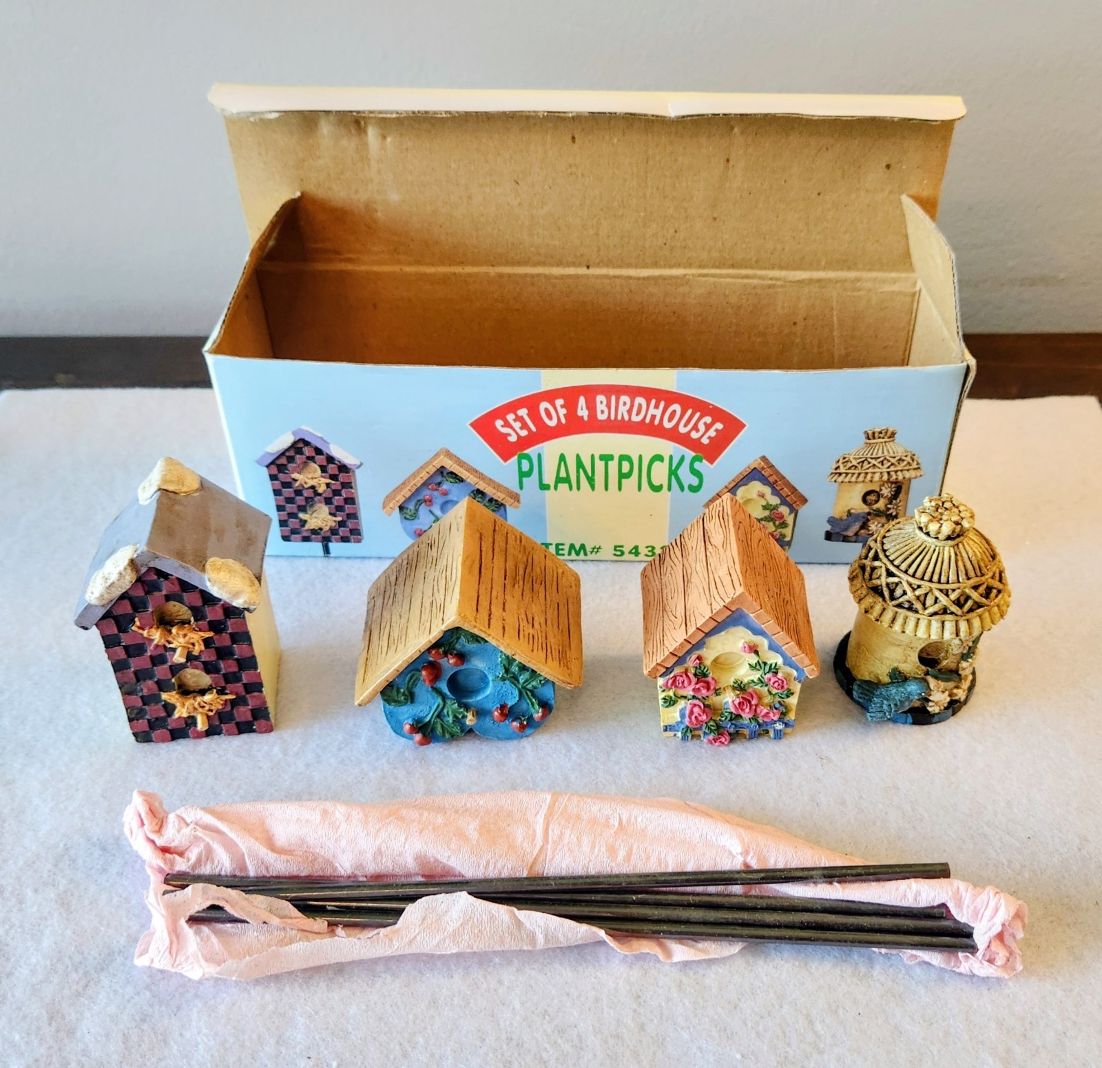 Set Of 4 Small Hand Painted Birdhouses Plant Picks Indoor Country Cottage Decor