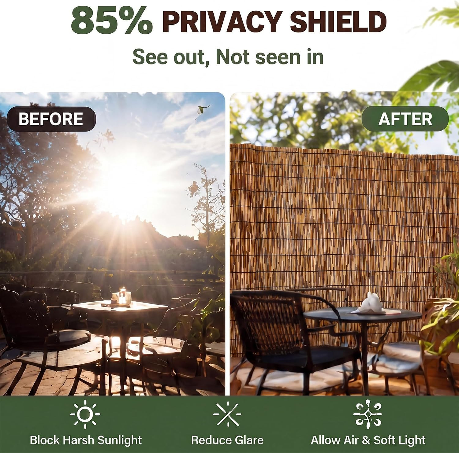 1 Pcs 4 X 30 Ft Reed Fence Roll, 85% Shade Bamboo Privacy Screen, Natural Decora