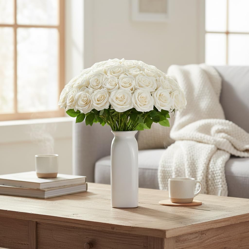 100 Pcs White Rose Artificial Flowers Bulk, Ivory Silk Fake Roses with Long S…