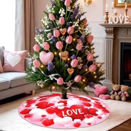 Valentine’s Day Tree Skirt 48 Inch ，Heart Suede Tree Skirt for 48inch Pink