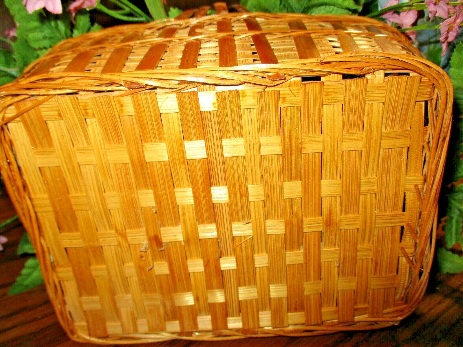 Artificial Silk Flower Arrangement Blue/ Pink Florals In Wood-Wicker Basket 516