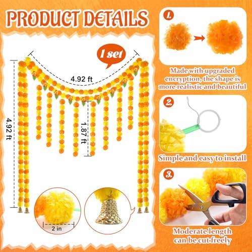 1 Set Artificial Marigold Flower Strands Tassel Garland for Diwali 5 Bell Style