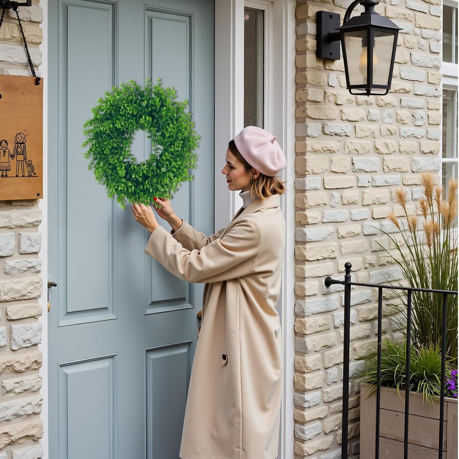17inch Front Door Wreaths Artificial Spring Summer Greenery Hanging Garland f…